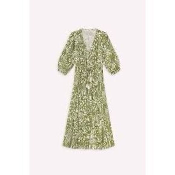 Suncoo Olive Green Cream Linen Mix Chafia Leaf Print Midi Dress Size Medium  NWOT